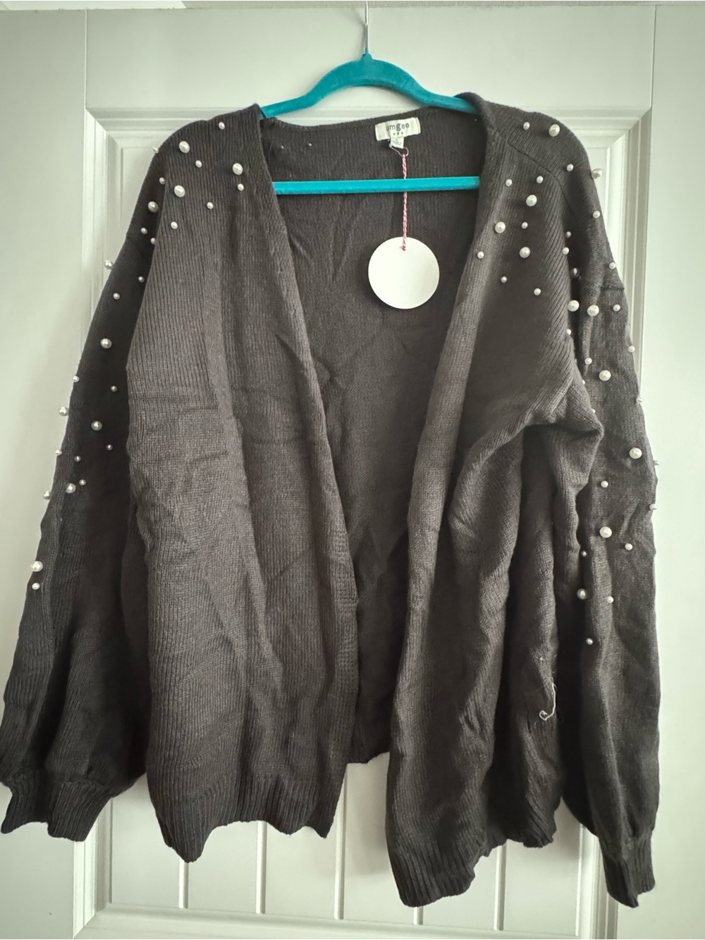Umgee Gray Pearl-Accent Open-Front Cardigan